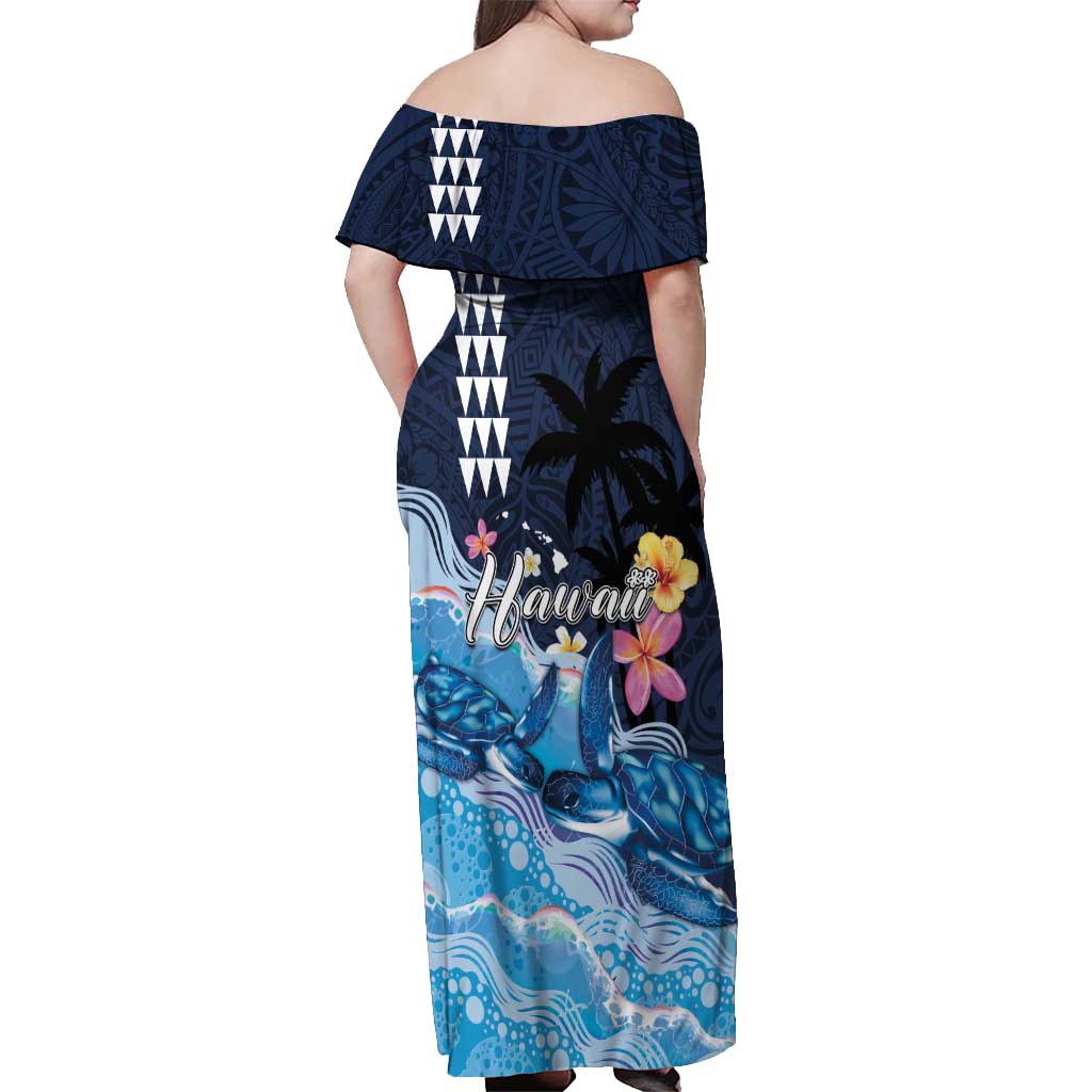 Hawaiian Honu Honi Ihu Off Shoulder Maxi Dress With Plumeria and Kakau Art Pattern LT03 - Polynesian Pride