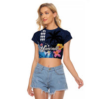 Hawaiian Honu Honi Ihu Raglan Cropped T Shirt With Plumeria and Kakau Art Pattern LT03 Female Dark Blue - Polynesian Pride