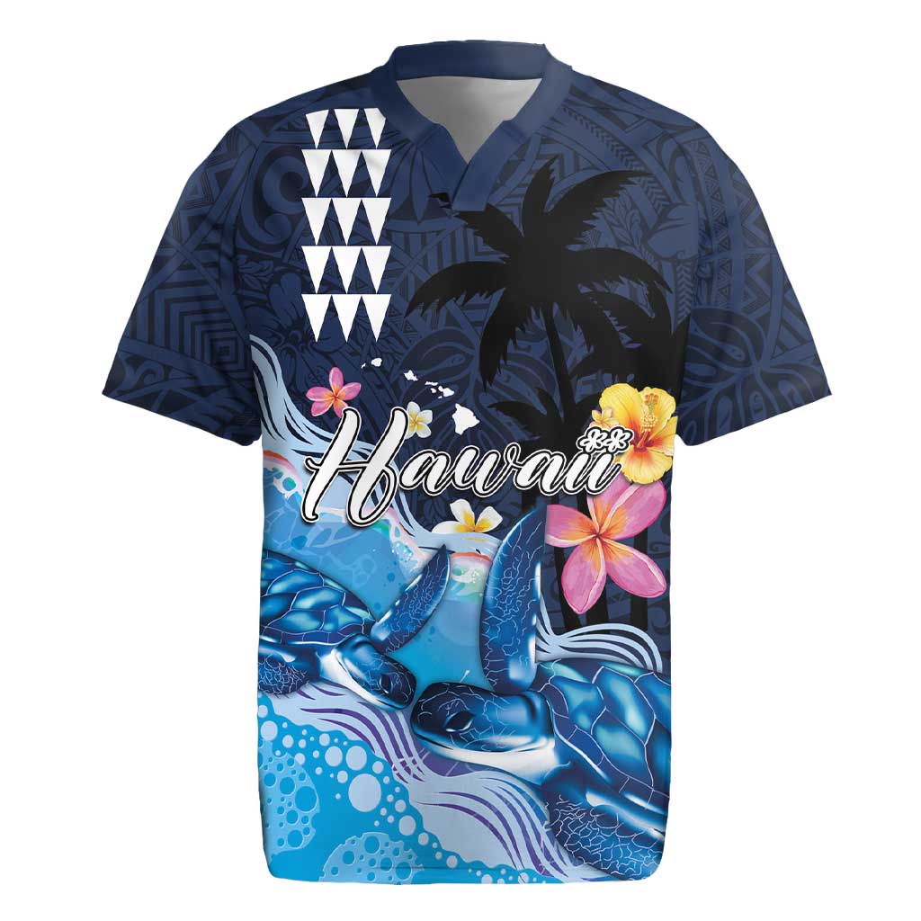 Hawaiian Honu Honi Ihu Rugby Jersey With Plumeria and Kakau Art Pattern LT03 Dark Blue - Polynesian Pride