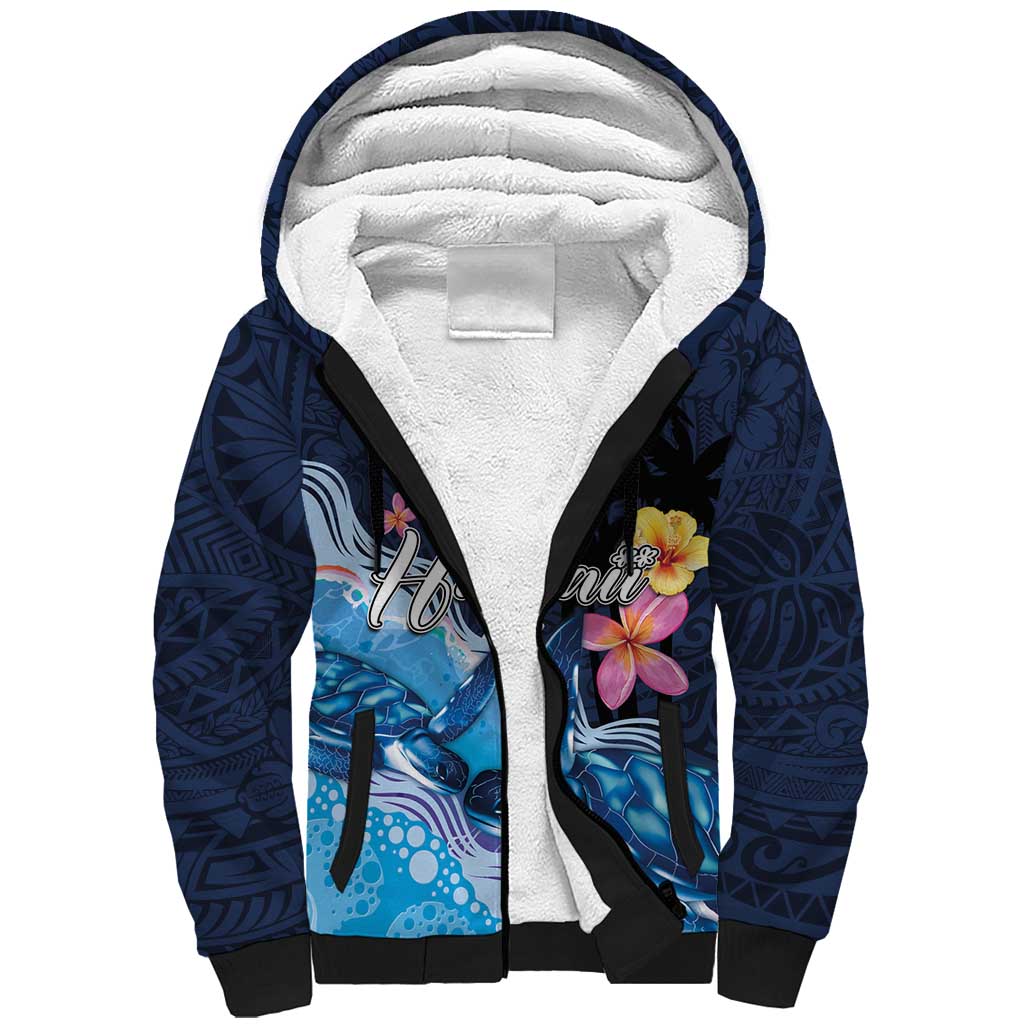 Hawaiian Honu Honi Ihu Sherpa Hoodie With Plumeria and Kakau Art Pattern LT03 Unisex Dark Blue - Polynesian Pride