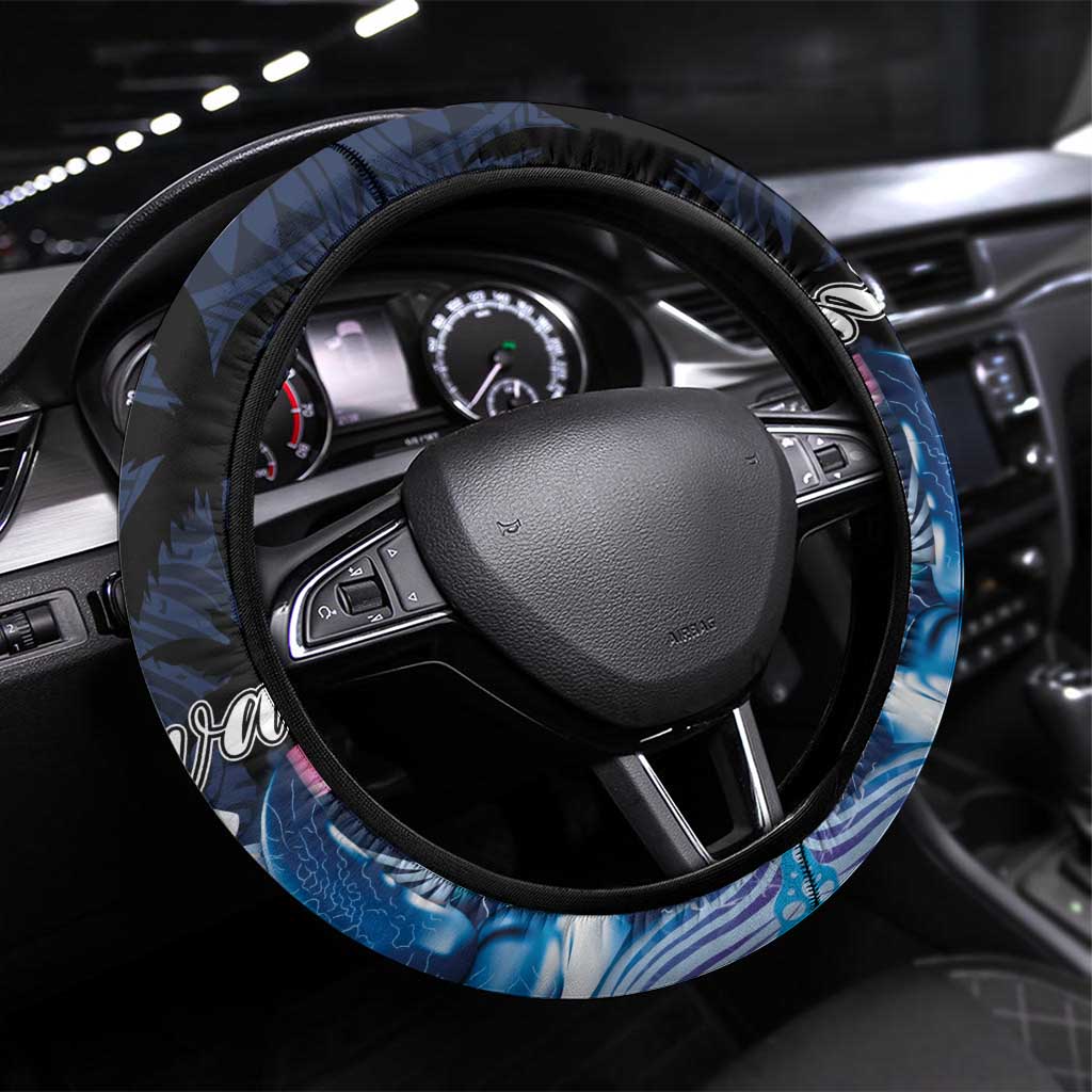 Hawaiian Honu Honi Ihu Steering Wheel Cover With Plumeria and Kakau Art Pattern LT03 Universal Fit Dark Blue - Polynesian Pride