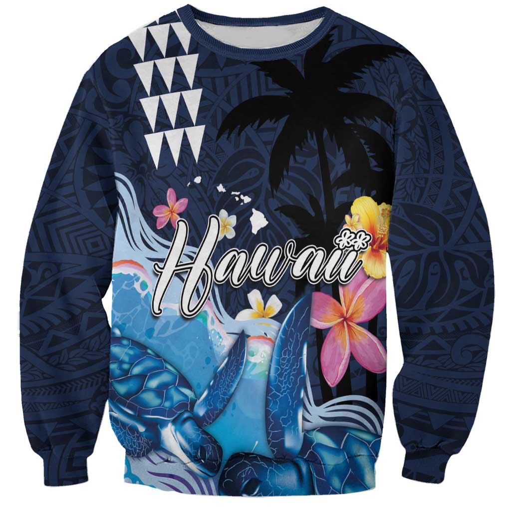Hawaiian Honu Honi Ihu Sweatshirt With Plumeria and Kakau Art Pattern LT03 Unisex Dark Blue - Polynesian Pride