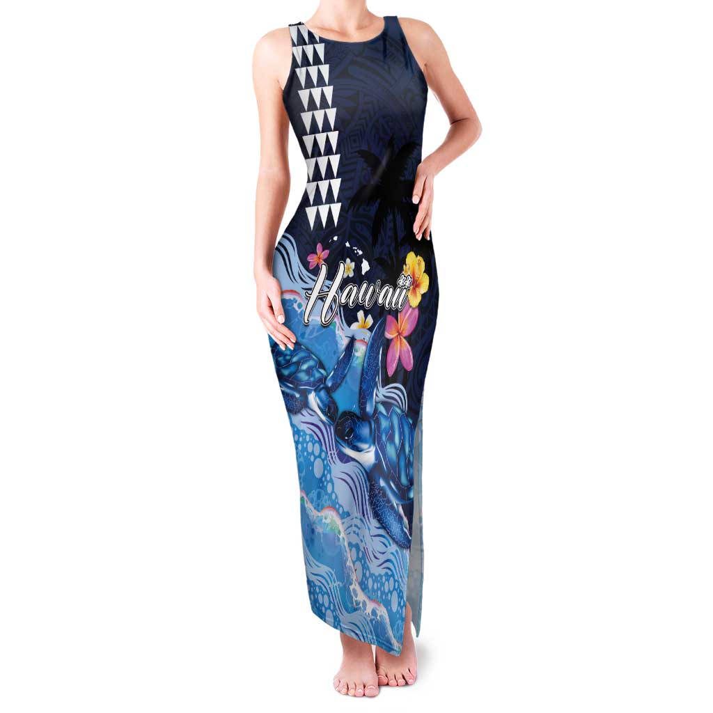 Hawaiian Honu Honi Ihu Tank Maxi Dress With Plumeria and Kakau Art Pattern LT03 Women Dark Blue - Polynesian Pride