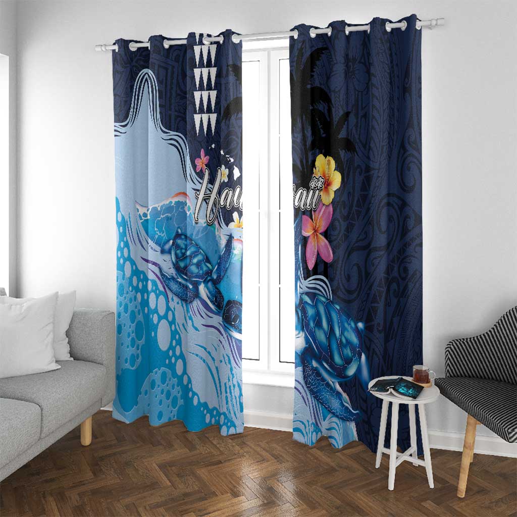 Hawaiian Honu Honi Ihu Window Curtain With Plumeria and Kakau Art Pattern LT03 With Grommets Dark Blue - Polynesian Pride