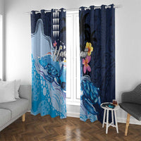 Hawaiian Honu Honi Ihu Window Curtain With Plumeria and Kakau Art Pattern LT03 With Grommets Dark Blue - Polynesian Pride