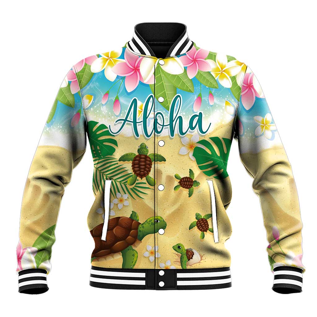 Aloha Turtle Family on The Beach Baseball Jacket with Hawaiian Colorful Plumeria LT03 Unisex Beige - Polynesian Pride