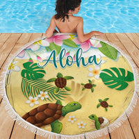 Aloha Turtle Family on The Beach Beach Blanket with Hawaiian Colorful Plumeria LT03 - Polynesian Pride