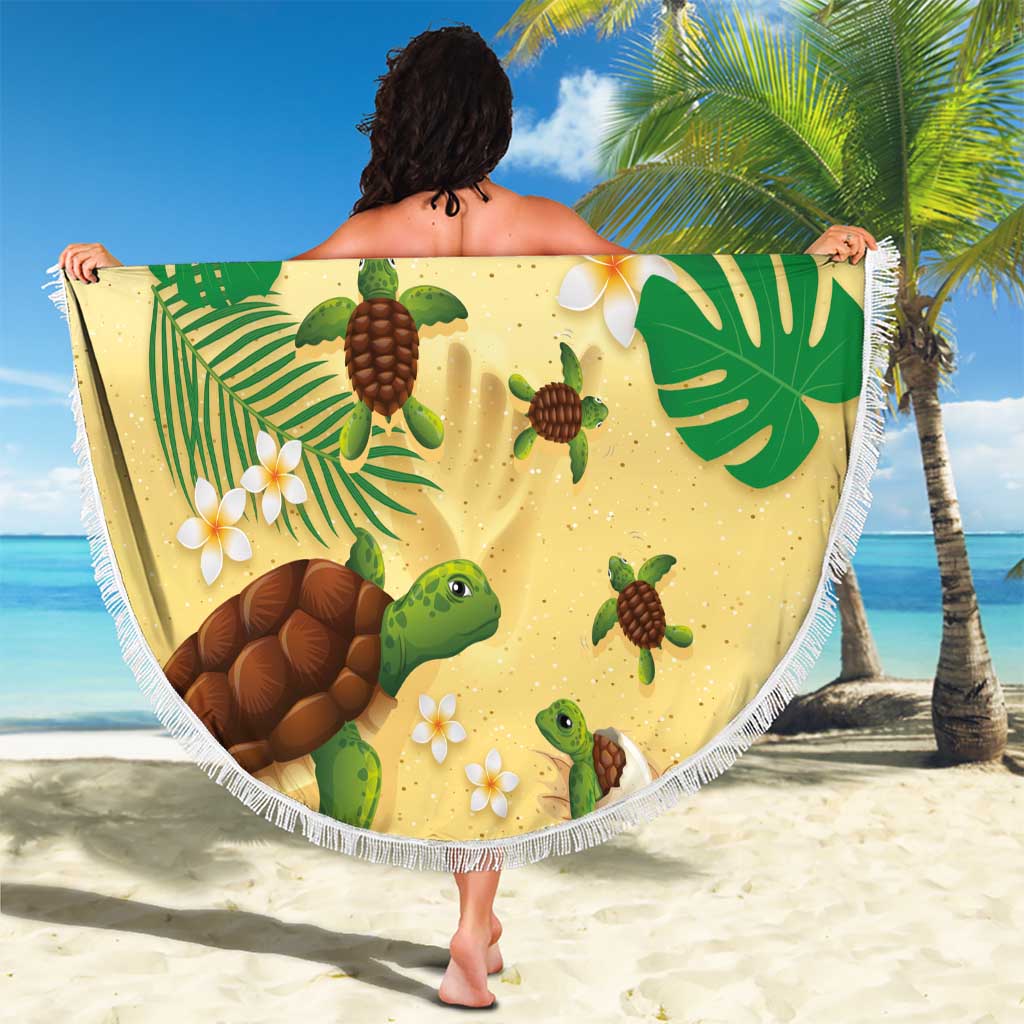 Aloha Turtle Family on The Beach Beach Blanket with Hawaiian Colorful Plumeria LT03 - Polynesian Pride