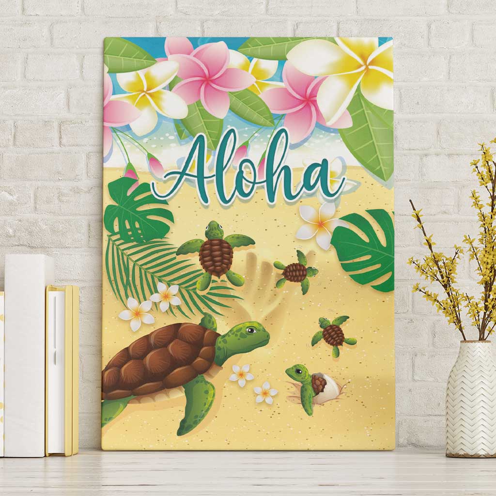 Aloha Turtle Family on The Beach Canvas Wall Art with Hawaiian Colorful Plumeria LT03 Without Frame Beige - Polynesian Pride