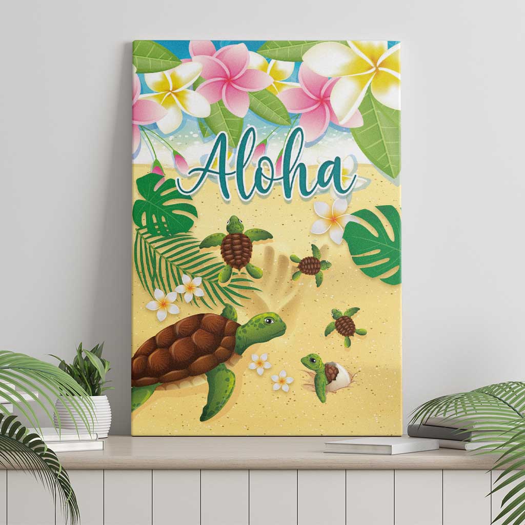 Aloha Turtle Family on The Beach Canvas Wall Art with Hawaiian Colorful Plumeria LT03 - Polynesian Pride