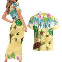 Aloha Turtle Family on The Beach Couples Matching Short Sleeve Bodycon Dress and Hawaiian Shirt with Hawaiian Colorful Plumeria