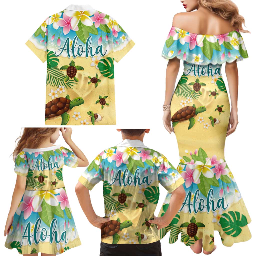 Aloha Turtle Family on The Beach Family Matching Mermaid Dress and Hawaiian Shirt with Hawaiian Colorful Plumeria
