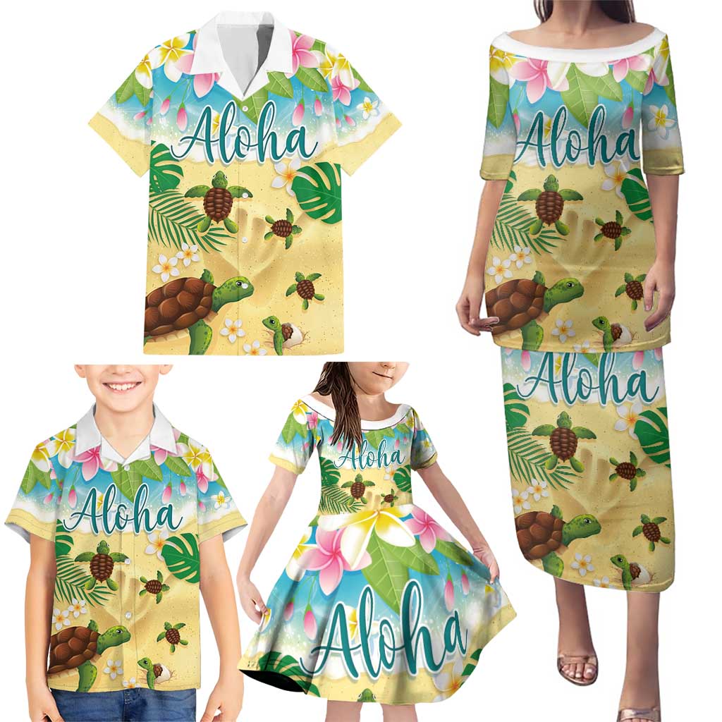 Aloha Turtle Family on The Beach Family Matching Puletasi and Hawaiian Shirt with Hawaiian Colorful Plumeria