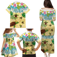 Aloha Turtle Family on The Beach Family Matching Puletasi and Hawaiian Shirt with Hawaiian Colorful Plumeria
