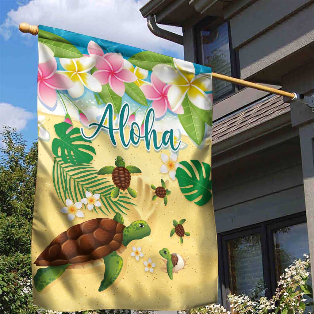 Aloha Turtle Family on The Beach Garden Flag with Hawaiian Colorful Plumeria LT03 - Polynesian Pride
