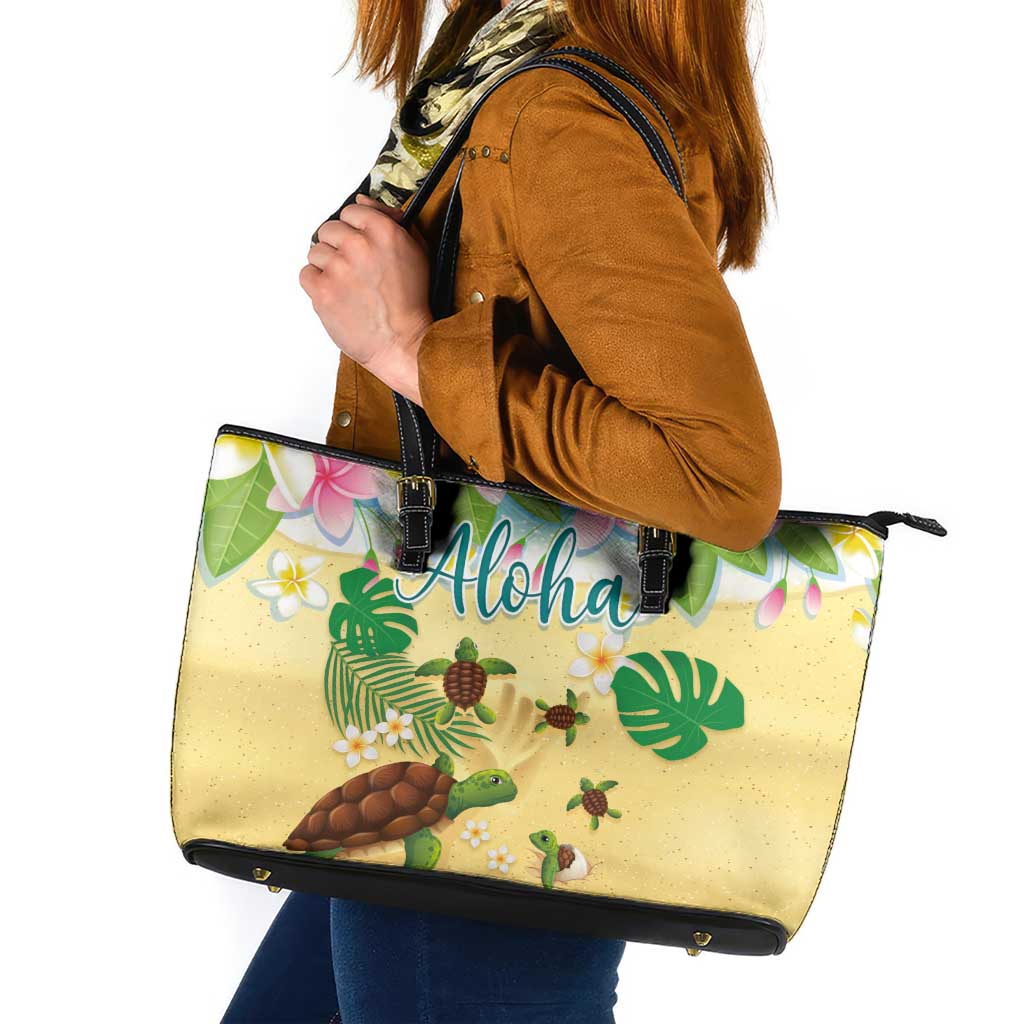 Aloha Turtle Family on The Beach Leather Tote Bag with Hawaiian Colorful Plumeria LT03 Beige - Polynesian Pride