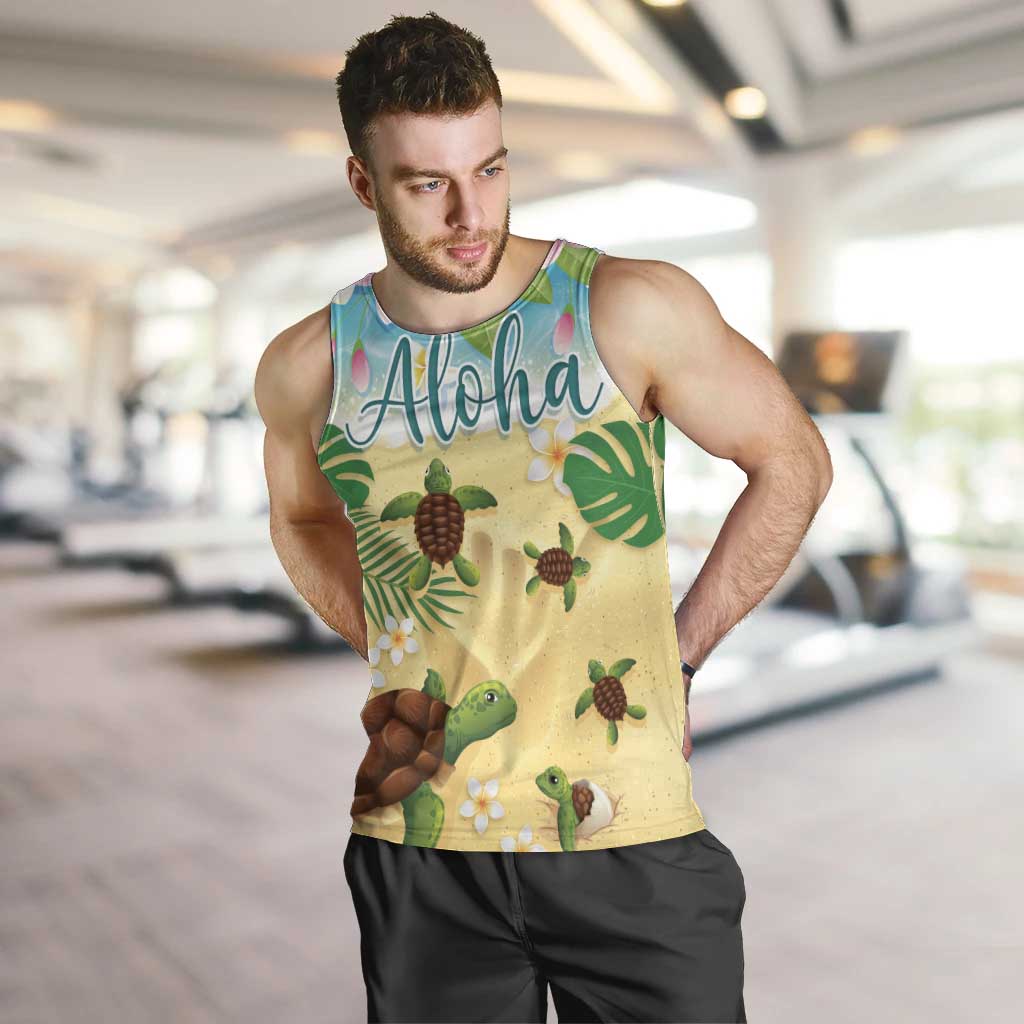 Aloha Turtle Family on The Beach Men Tank Top with Hawaiian Colorful Plumeria LT03 Beige - Polynesian Pride