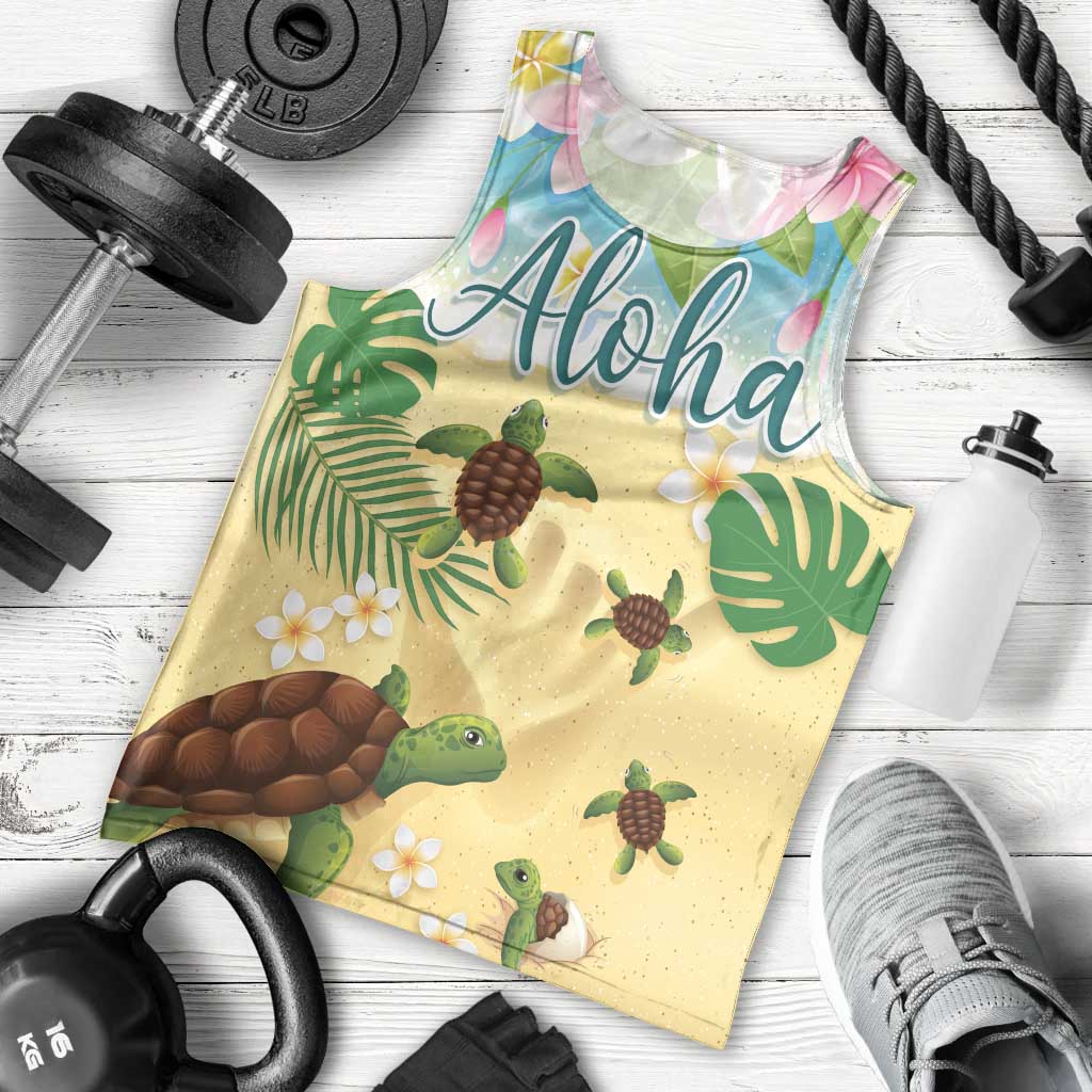 Aloha Turtle Family on The Beach Men Tank Top with Hawaiian Colorful Plumeria LT03 - Polynesian Pride