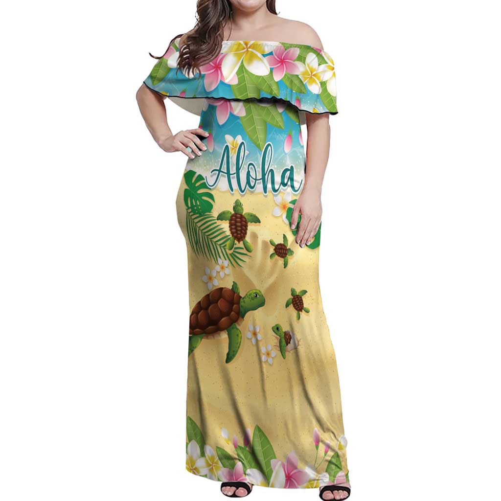 Aloha Turtle Family on The Beach Off Shoulder Maxi Dress with Hawaiian Colorful Plumeria LT03 Women Beige - Polynesian Pride