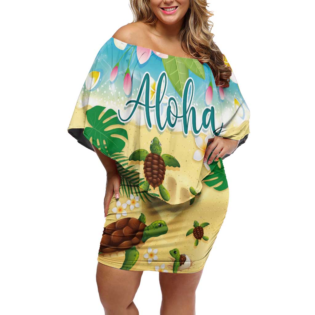 Aloha Turtle Family on The Beach Off Shoulder Short Dress with Hawaiian Colorful Plumeria LT03 Women Beige - Polynesian Pride