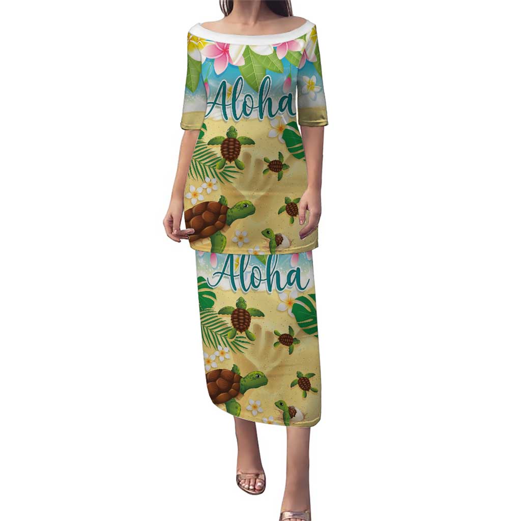 Aloha Turtle Family on The Beach Puletasi with Hawaiian Colorful Plumeria LT03 Long Dress Beige - Polynesian Pride
