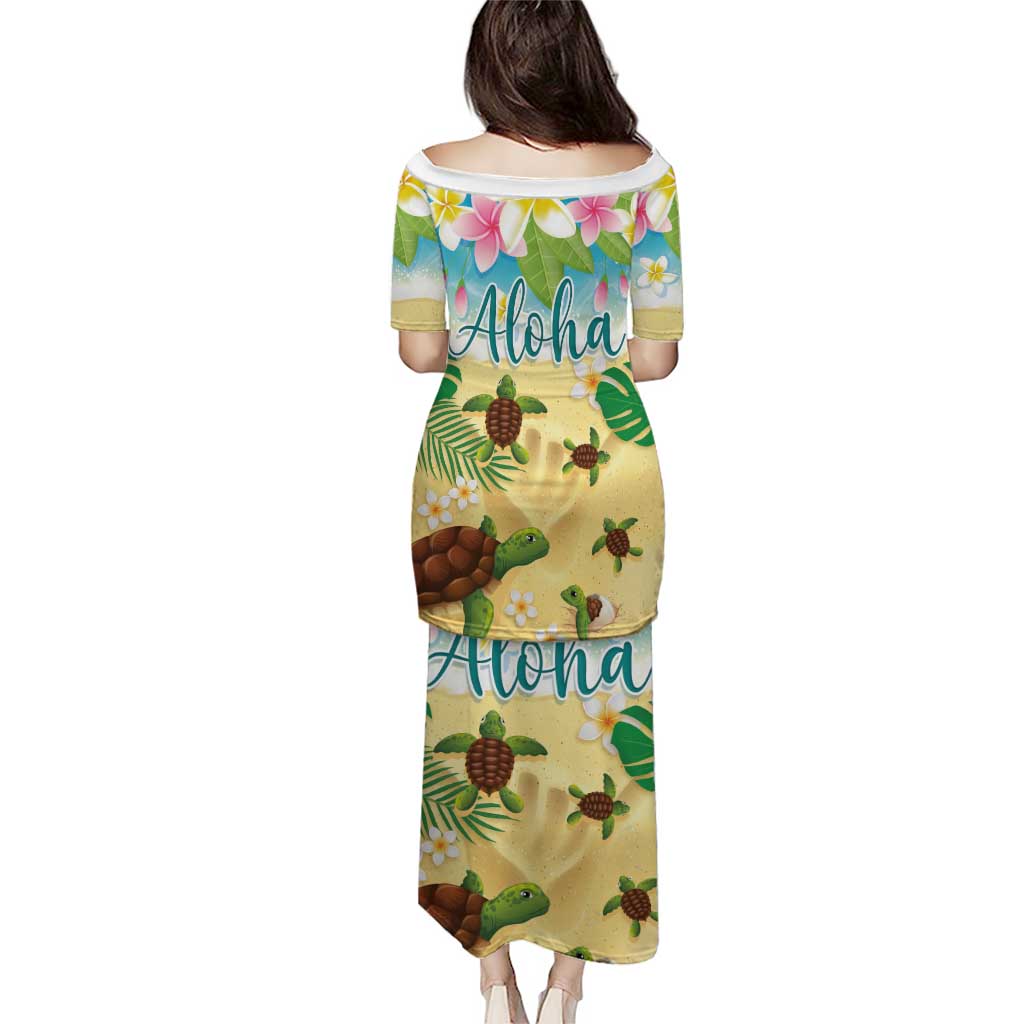 Aloha Turtle Family on The Beach Puletasi with Hawaiian Colorful Plumeria LT03 - Polynesian Pride