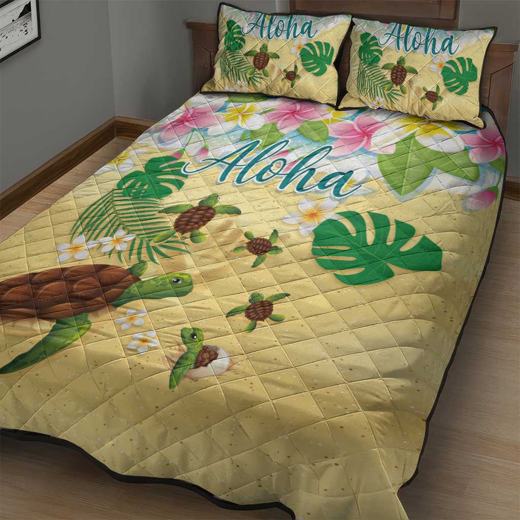 Aloha Turtle Family on The Beach Quilt Bed Set with Hawaiian Colorful Plumeria