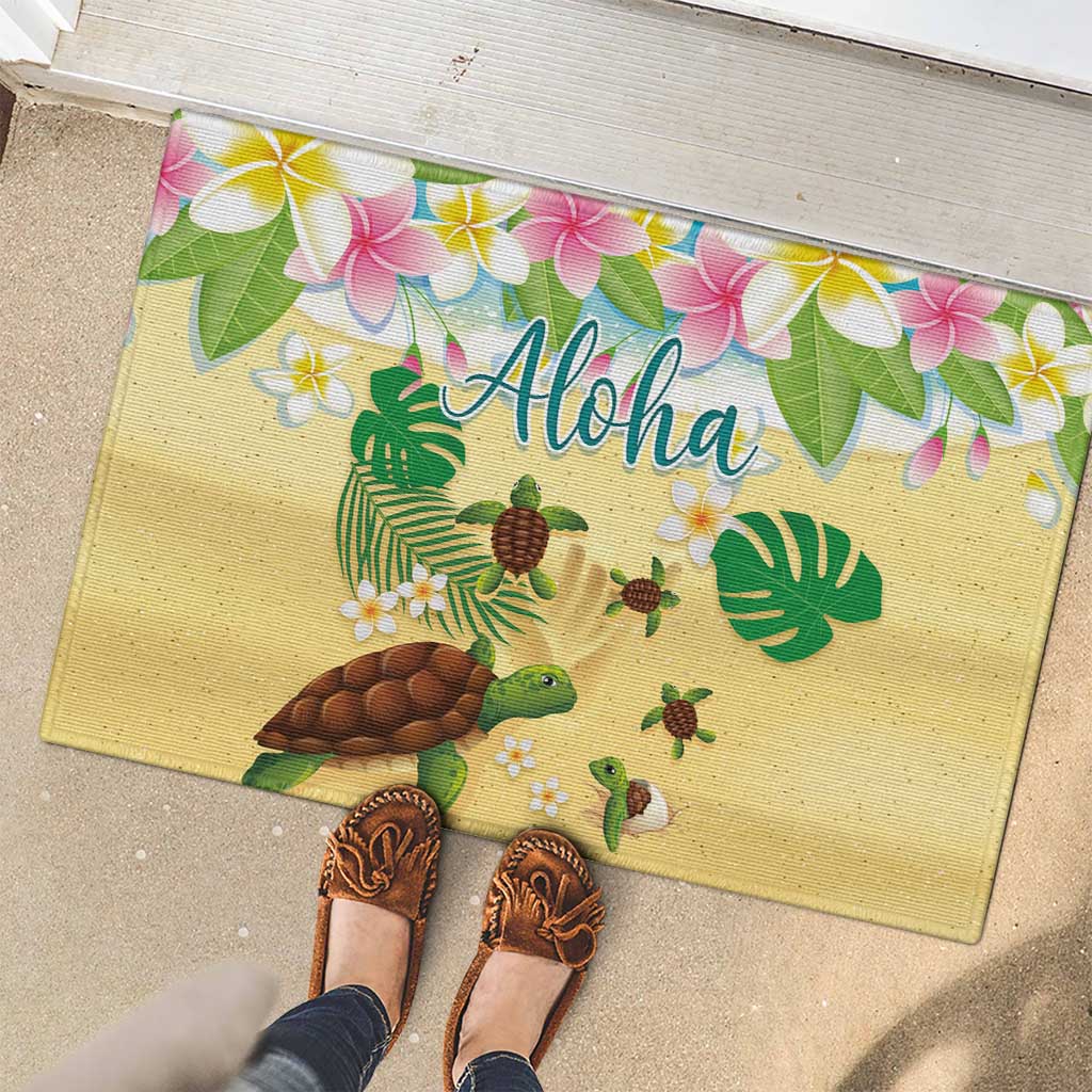 Aloha Turtle Family on The Beach Rubber Doormat with Hawaiian Colorful Plumeria LT03 - Polynesian Pride