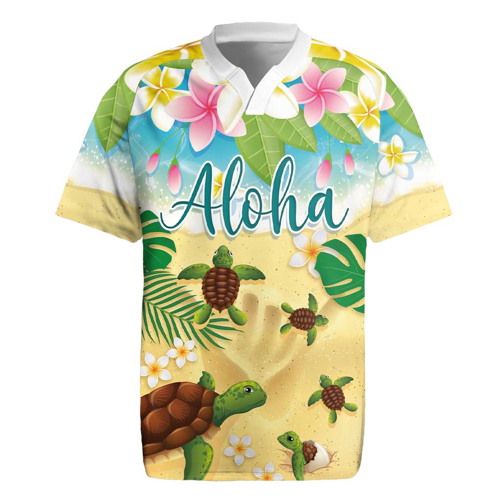 Aloha Turtle Family on The Beach Rugby Jersey with Hawaiian Colorful Plumeria LT03 Beige - Polynesian Pride