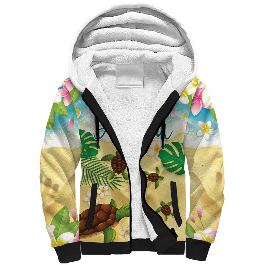 Aloha Turtle Family on The Beach Sherpa Hoodie with Hawaiian Colorful Plumeria LT03 Unisex Beige - Polynesian Pride