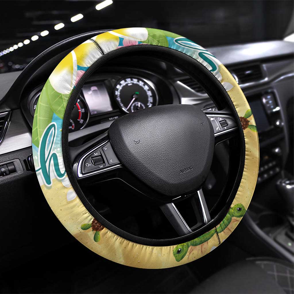Aloha Turtle Family on The Beach Steering Wheel Cover with Hawaiian Colorful Plumeria LT03 Universal Fit Beige - Polynesian Pride