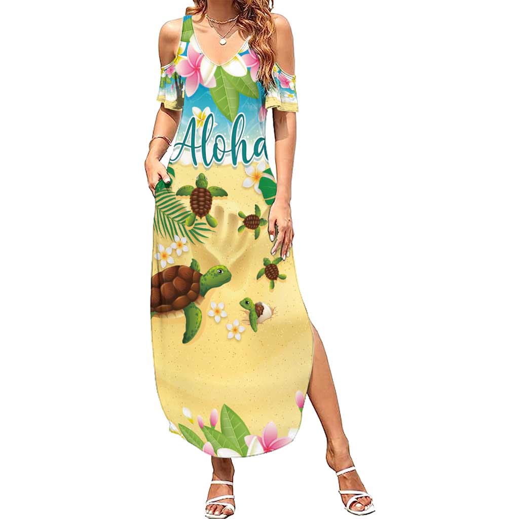 Aloha Turtle Family on The Beach Summer Maxi Dress with Hawaiian Colorful Plumeria LT03 Women Beige - Polynesian Pride