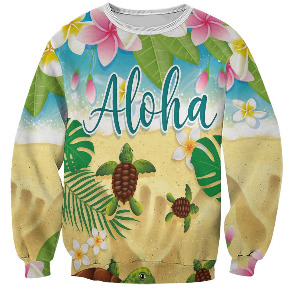 Aloha Turtle Family on The Beach Sweatshirt with Hawaiian Colorful Plumeria LT03 Unisex Beige - Polynesian Pride