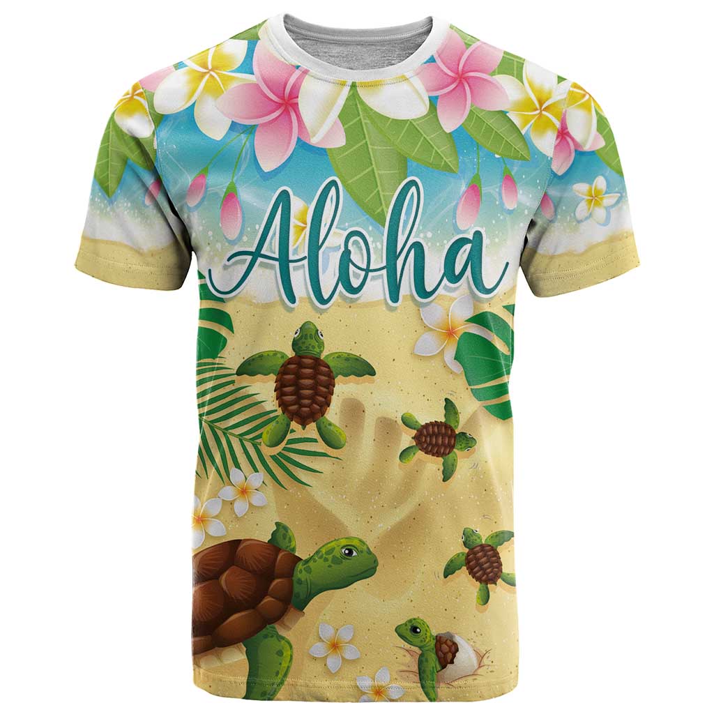 Aloha Turtle Family on The Beach T Shirt with Hawaiian Colorful Plumeria