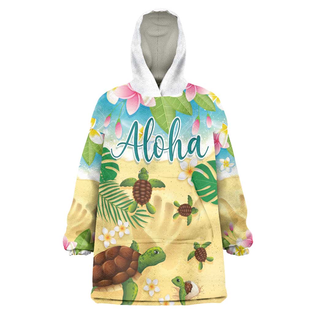 Aloha Turtle Family on The Beach Wearable Blanket Hoodie with Hawaiian Colorful Plumeria LT03 One Size Beige - Polynesian Pride