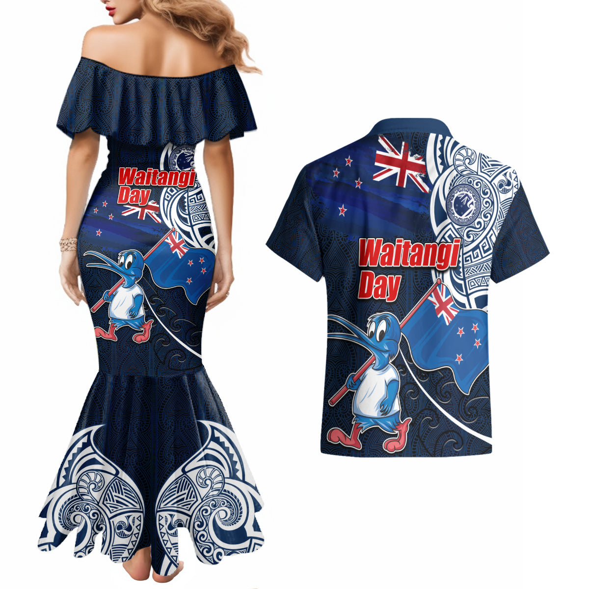 New Zealand Waitangi Couples Matching Mermaid Dress and Hawaiian Shirt Te Ra O Waitangi Maori Kiwis Bird LT03 - Polynesian Pride