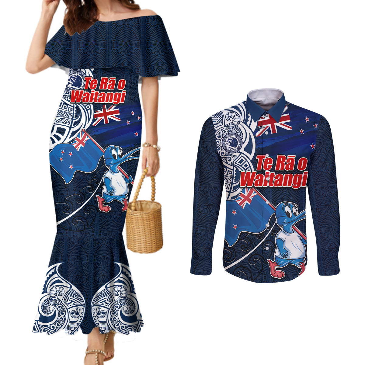 New Zealand Waitangi Couples Matching Mermaid Dress and Long Sleeve Button Shirt Te Ra O Waitangi Maori Kiwis Bird LT03 Blue - Polynesian Pride