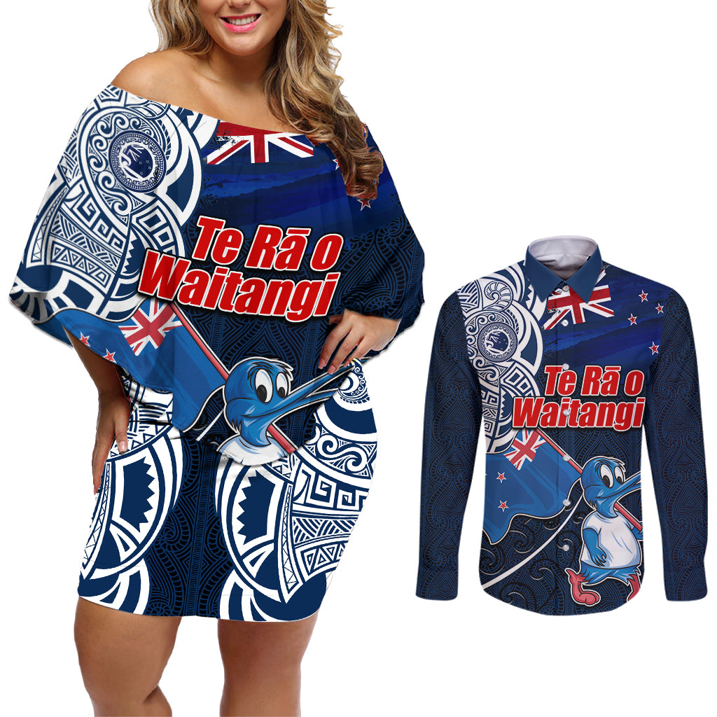 New Zealand Waitangi Couples Matching Off Shoulder Short Dress and Long Sleeve Button Shirt Te Ra O Waitangi Maori Kiwis Bird LT03 Blue - Polynesian Pride