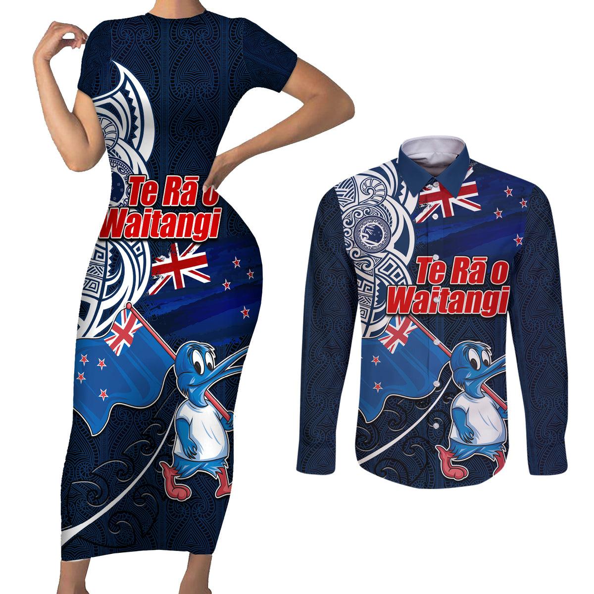 New Zealand Waitangi Couples Matching Short Sleeve Bodycon Dress and Long Sleeve Button Shirt Te Ra O Waitangi Maori Kiwis Bird LT03 Blue - Polynesian Pride