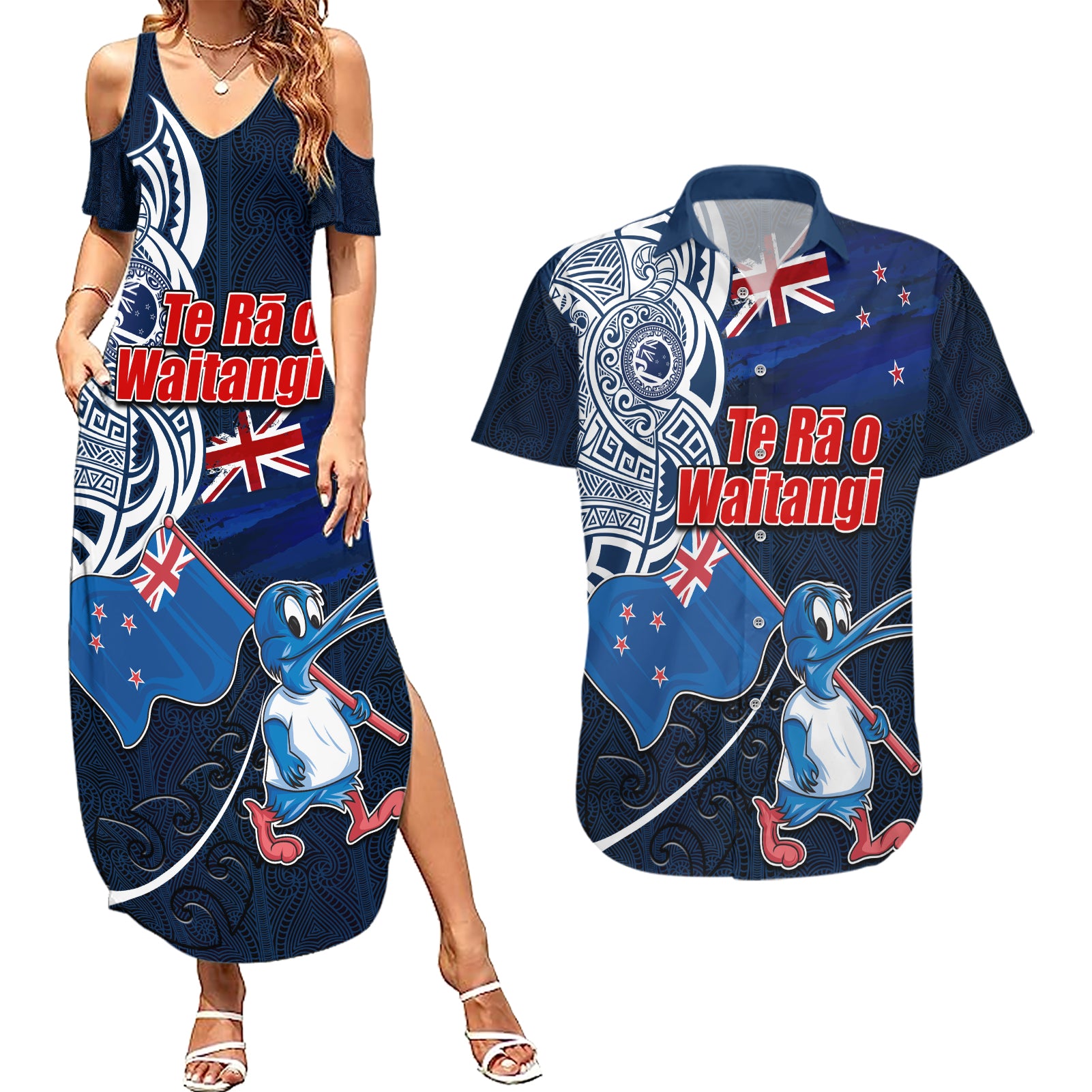 New Zealand Waitangi Couples Matching Summer Maxi Dress and Hawaiian Shirt Te Ra O Waitangi Maori Kiwis Bird LT03 Blue - Polynesian Pride