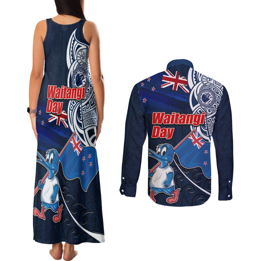 New Zealand Waitangi Couples Matching Tank Maxi Dress and Long Sleeve Button Shirt Te Ra O Waitangi Maori Kiwis Bird LT03 - Polynesian Pride
