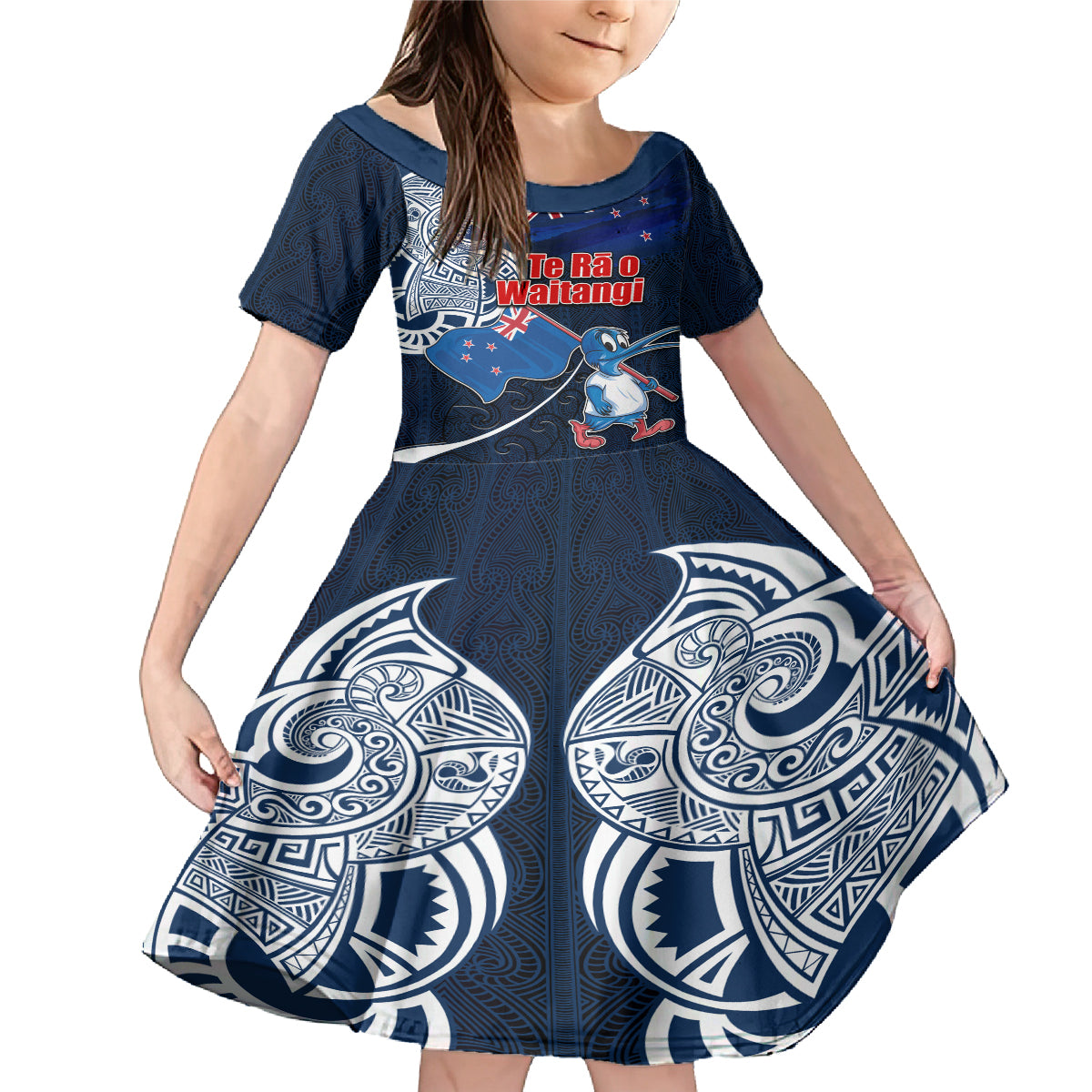 New Zealand Waitangi Family Matching Mermaid Dress and Hawaiian Shirt Te Ra O Waitangi Maori Kiwis Bird LT03 Daughter's Dress Blue - Polynesian Pride