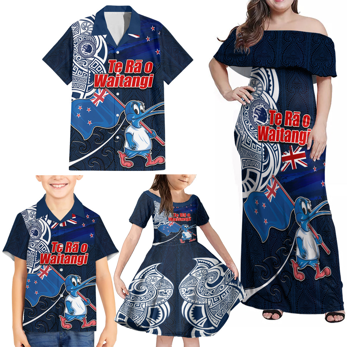 New Zealand Waitangi Family Matching Off Shoulder Maxi Dress and Hawaiian Shirt Te Ra O Waitangi Maori Kiwis Bird LT03 - Polynesian Pride