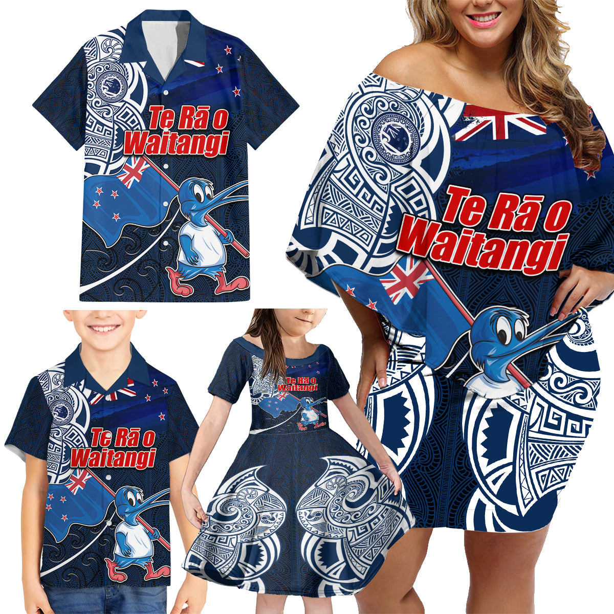 New Zealand Waitangi Family Matching Off Shoulder Short Dress and Hawaiian Shirt Te Ra O Waitangi Maori Kiwis Bird LT03 - Polynesian Pride