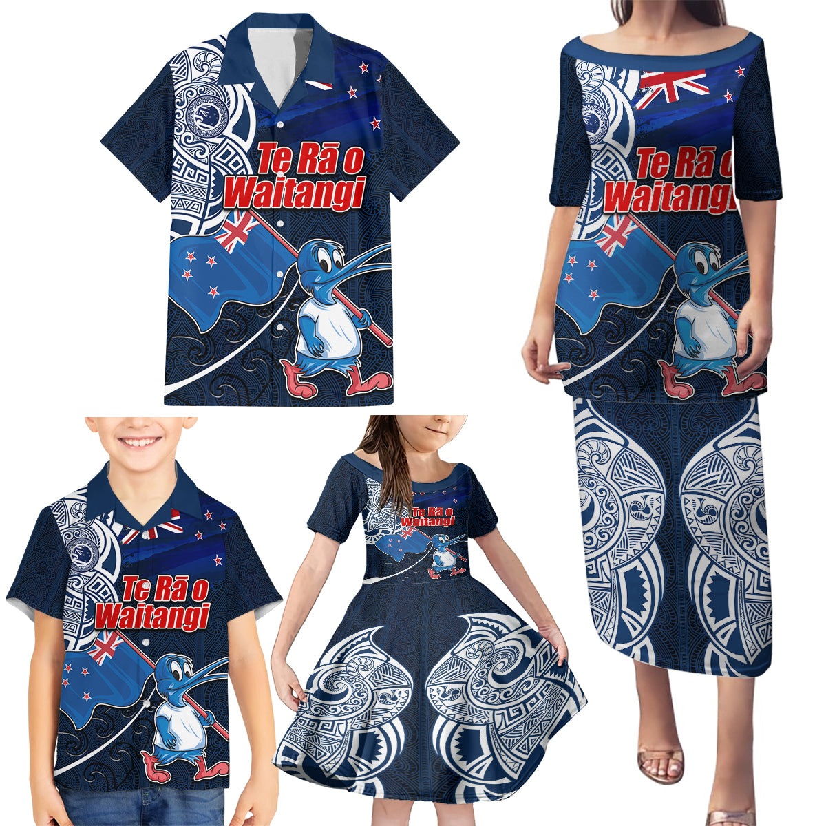 New Zealand Waitangi Family Matching Puletasi and Hawaiian Shirt Te Ra O Waitangi Maori Kiwis Bird LT03 - Polynesian Pride