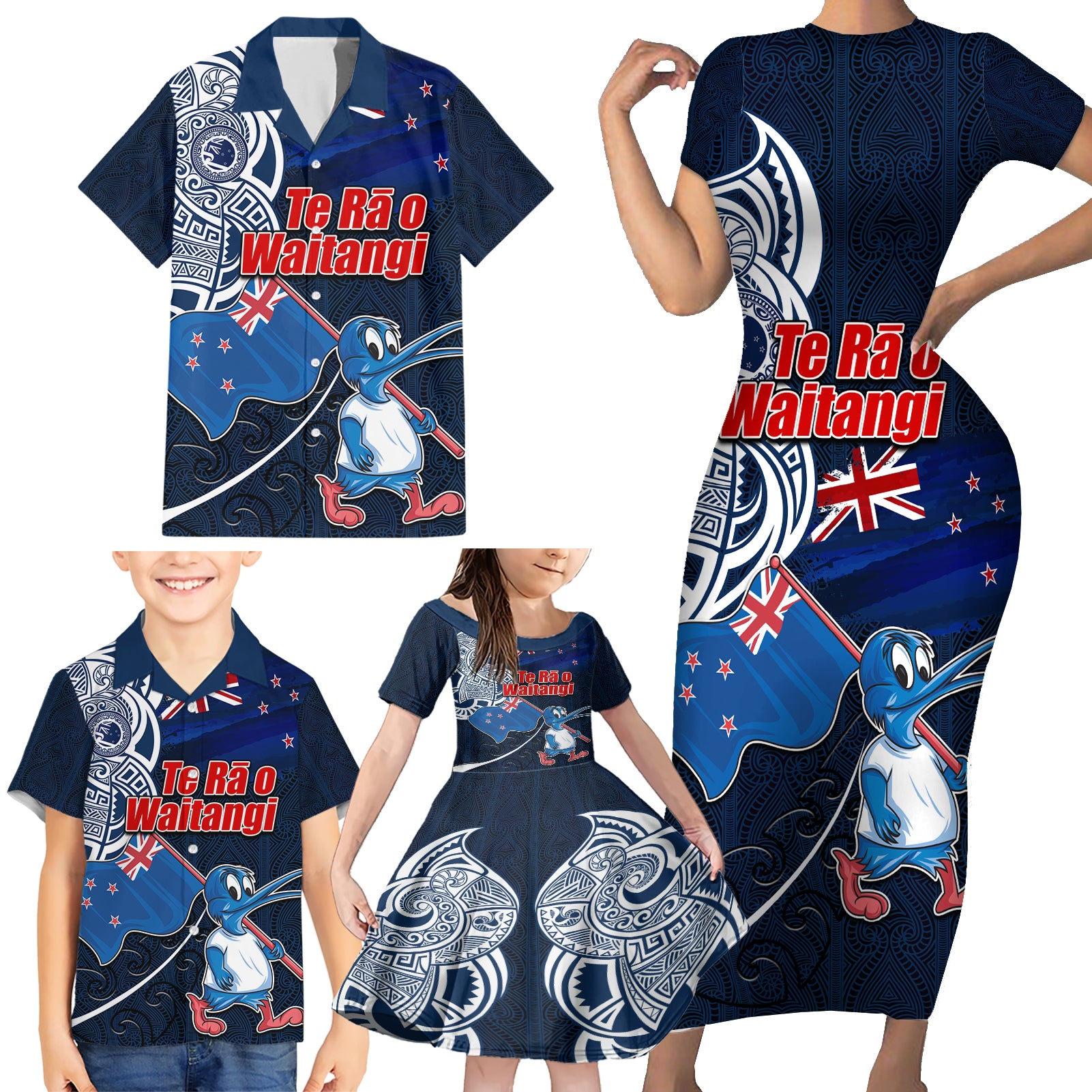 New Zealand Waitangi Family Matching Short Sleeve Bodycon Dress and Hawaiian Shirt Te Ra O Waitangi Maori Kiwis Bird LT03 - Polynesian Pride