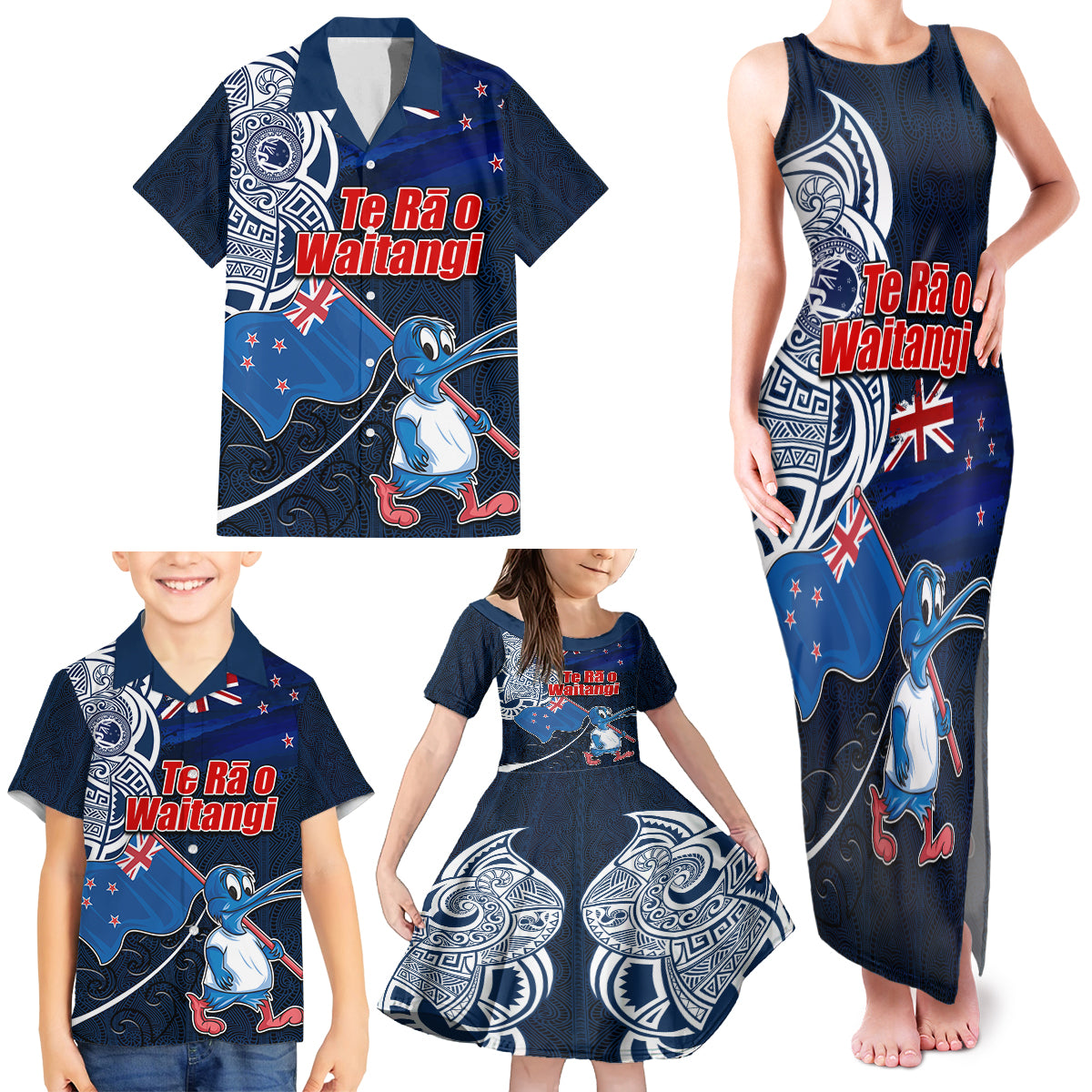 New Zealand Waitangi Family Matching Tank Maxi Dress and Hawaiian Shirt Te Ra O Waitangi Maori Kiwis Bird LT03 - Polynesian Pride