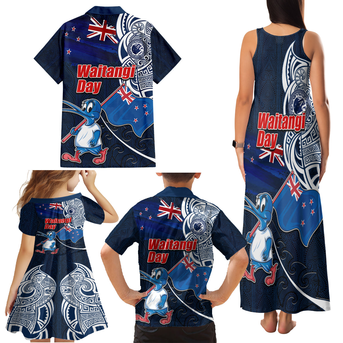 New Zealand Waitangi Family Matching Tank Maxi Dress and Hawaiian Shirt Te Ra O Waitangi Maori Kiwis Bird LT03 - Polynesian Pride
