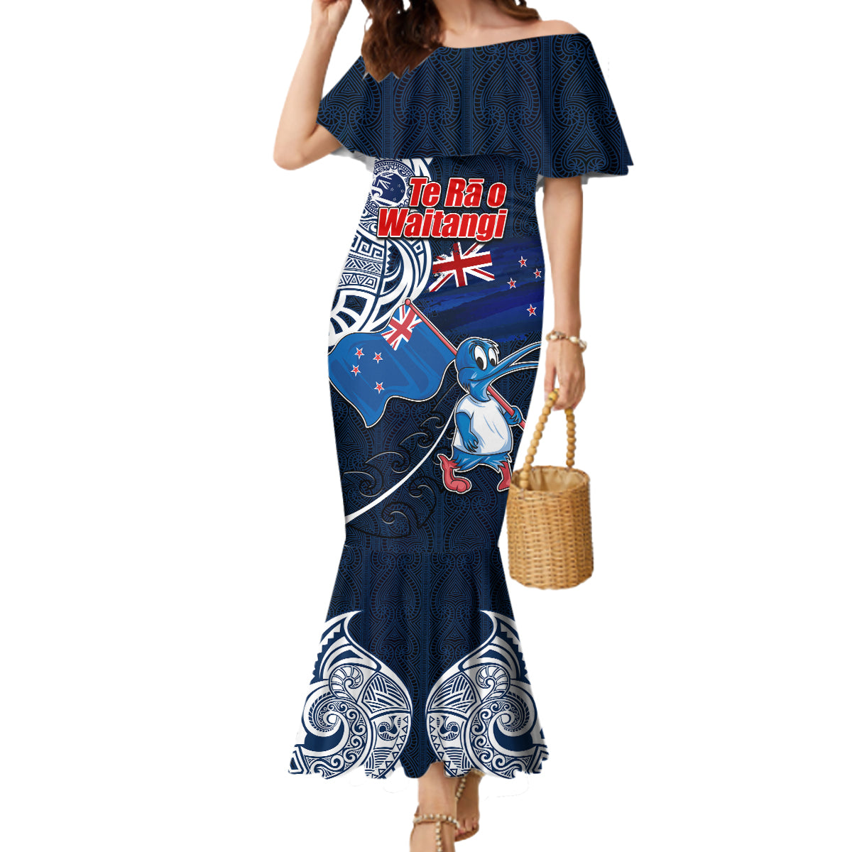 New Zealand Waitangi Mermaid Dress Te Ra O Waitangi Maori Kiwis Bird LT03 Women Blue - Polynesian Pride