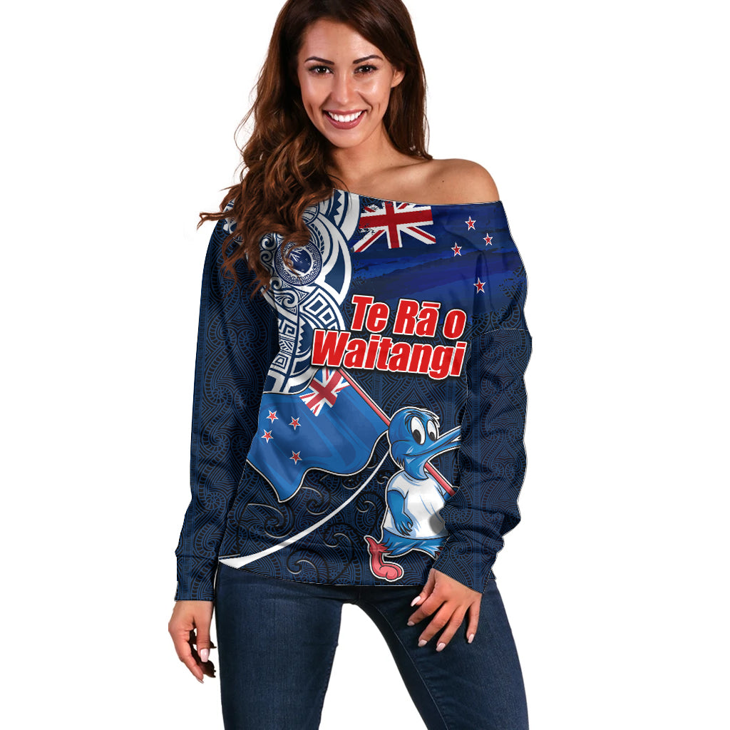 New Zealand Waitangi Off Shoulder Sweater Te Ra O Waitangi Maori Kiwis Bird LT03 Women Blue - Polynesian Pride